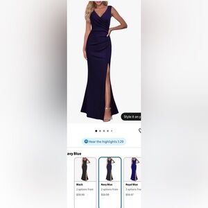 Navy Blue High-Slit V-Neck Evening Gown